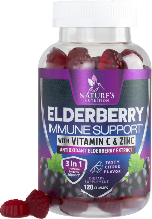 Immune Support Gummies for Adults with Black Elderberry Extract, C & Zinc, Natural Pectin Based Gummy Vitamin, Immune System Support Supplement for Children & Adults, Tasty Fruit Flavor