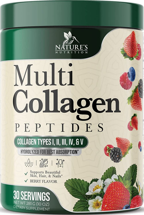 Multi Collagen Peptides Powder Supplement - 5 Hydrolyzed Protein Collagen For Women, Skin, Hair, Nails & Joint Support (Types I & III) - Keto, Paleo-Friendly, Grass Fed, Berry Flavored - 30 Servings