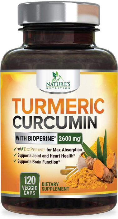 Turmeric Curcumin Supplement with BioPerine 95% Curcuminoids 2600mg with Black Pepper for Best Absorption, Bottled in USA, Best Natural Vegan Joint Support, Nature's Tumeric Capsules