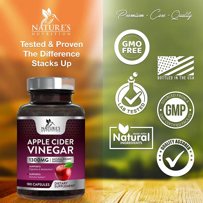 Apple Cider Vinegar Capsules for Detox and Cleanse, Digestion and Immune Support - Extra Strength - 1300 mg per serving premium ACV Pills - Gluten Free, Vegan, Non-GMO Supplement