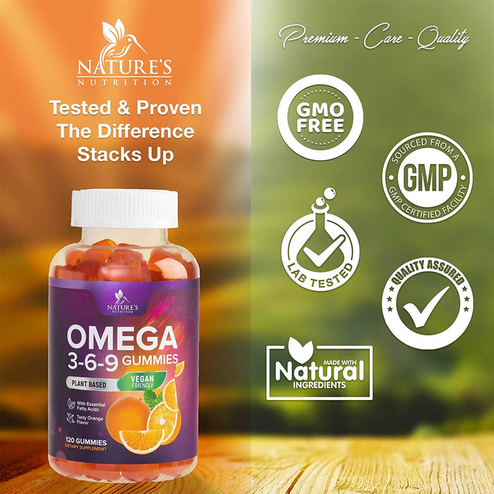 Omega 3 6 9 Vegan Gummies - Triple Strength Omega 3 Supplement Essential Oil Gummy - Omega 369 Heart Support and Brain Support for Women, Men & Pregnant Women, Non-GMO, Orange Flavor