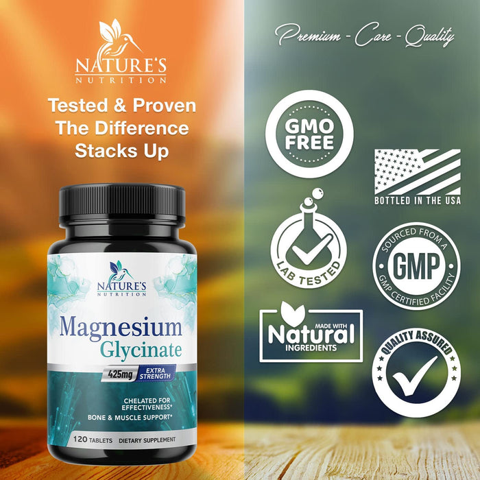 Magnesium Glycinate 425 mg with Calcium - Natural, High Absorption Magnesium Tablets Chelated for Muscle, Nerve, Bone & Heart Health Support - Non-GMO, Gluten Free, Vegan Supplement