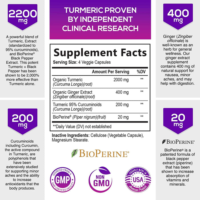Turmeric Curcumin with BioPerine & Ginger 95% Standardized Curcuminoids 2600mg Black Pepper for Max Absorption Joint Support, Nature's Tumeric Herbal Extract Supplement, Vegan, Non-GMO