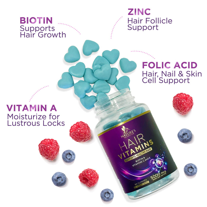 Hair Gummy Vitamins with Biotin 5000 mcg, Vitamin E & C