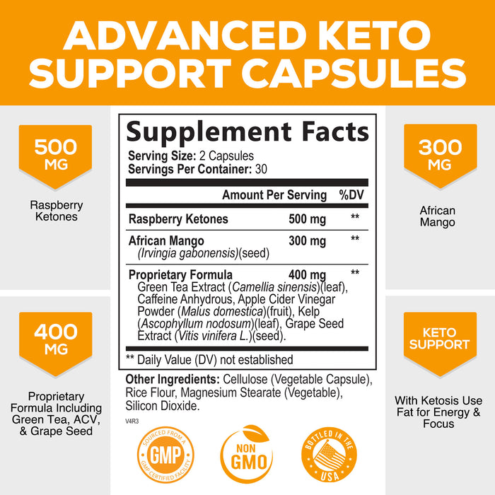 Keto Diet 1200mg Capsules Advanced Support - with Ketosis Use Fat for Energy & Focus - Made with Raspberry Ketones, Apple Cider Vinegar, African Mango - for Women & Men