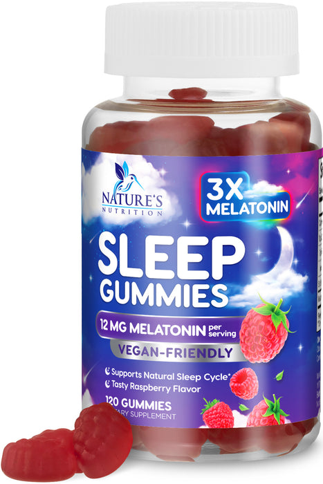 Sleep Melatonin Gummies, Extra Strength Natural Melatonin Gummy 12mg, Nature's Berry Flavor, Sleep Support Vitamin Supplement for Adults, Non-GMO, Vegan